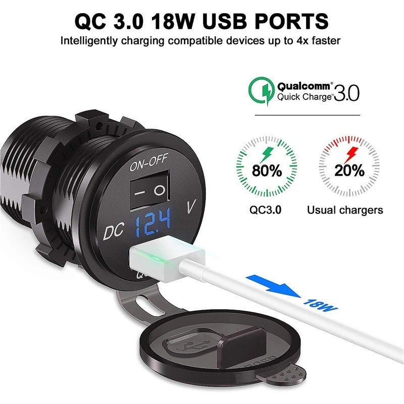 Bluejw Quick Digital Voltmeter 12V/24V USB Car Charger QC3.0 Fast Charger with On/Off Switch & Cigarette Lighter Adapter, Automobile Chargers - Image 3
